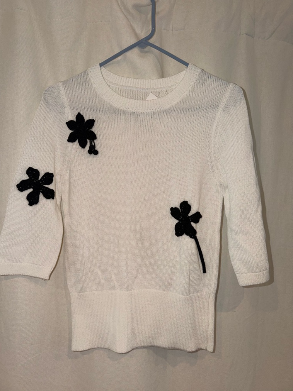 LK Bennett White Knit Crewneck Sweater with Black Floral Appliqués